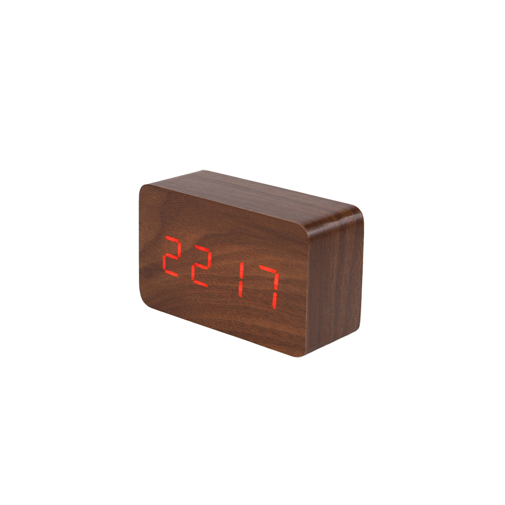 Wooden Clock Digital | Rectangular Long Brown Wood | Red Display | Calendar & Alarm & Thermometer 