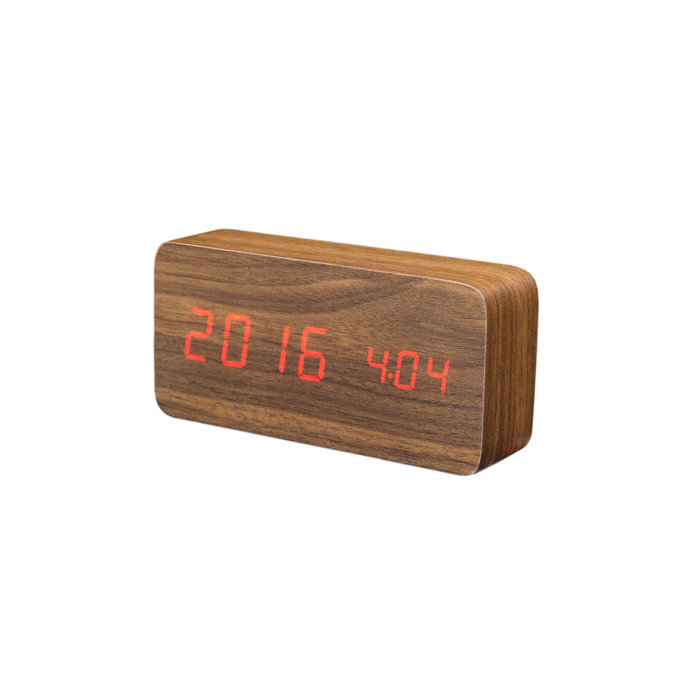 Wooden Clock Digital | Rectangular Brown Wood | Red Display | Calendar & Alarm & Thermometer 